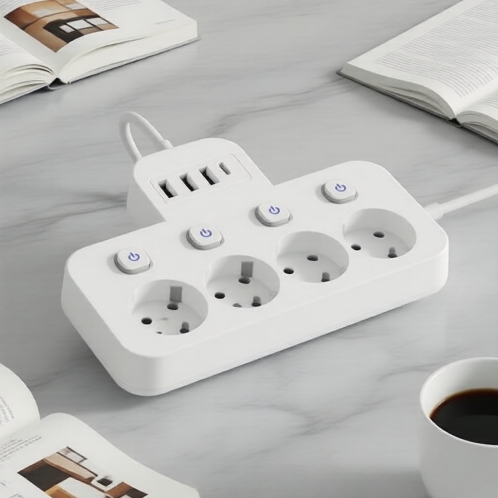 Protetor de Surto Plugue UE 8 em 1, 4 Tomadas, 3 USB-A & C, Interruptores de Controle Independentes, Plugue UE, Cabo