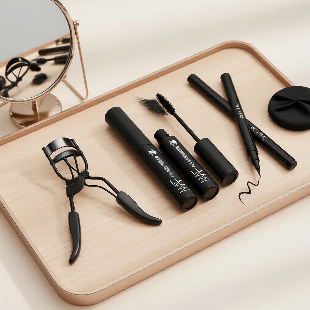 Conjunto de Maquiagem para Olhos à Prova D’Água: Máscara de Cílios, Curvador e Delineador à Prova de Borrões