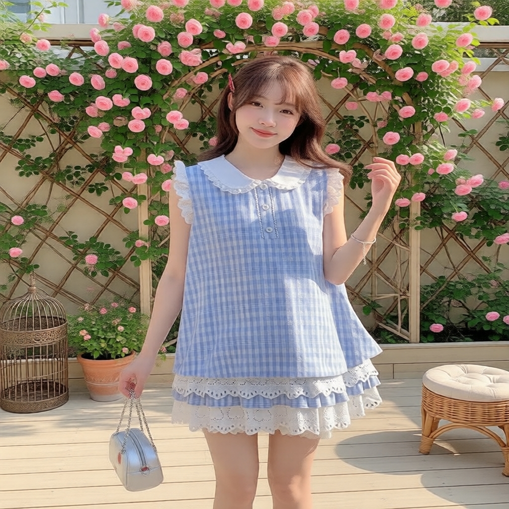 Vestido Feminino Azul Xadrez Estilo Colégio Japonês, Sem Mangas, com Renda e Patchwork, Linha A, Mini, para Escola e