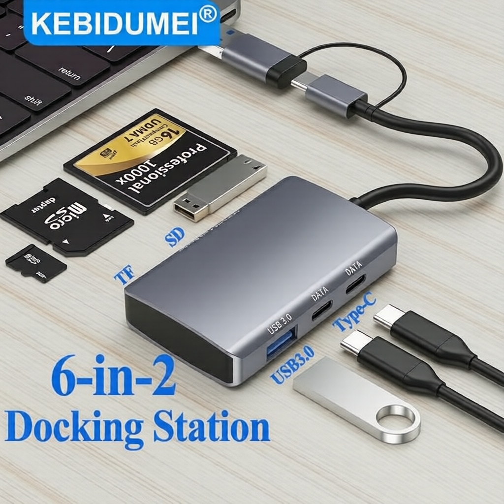 KEBIDUMEI Hub USB-C 6 em 1 com USB 3.0, leitores SD/TF/CF e adaptador OTG