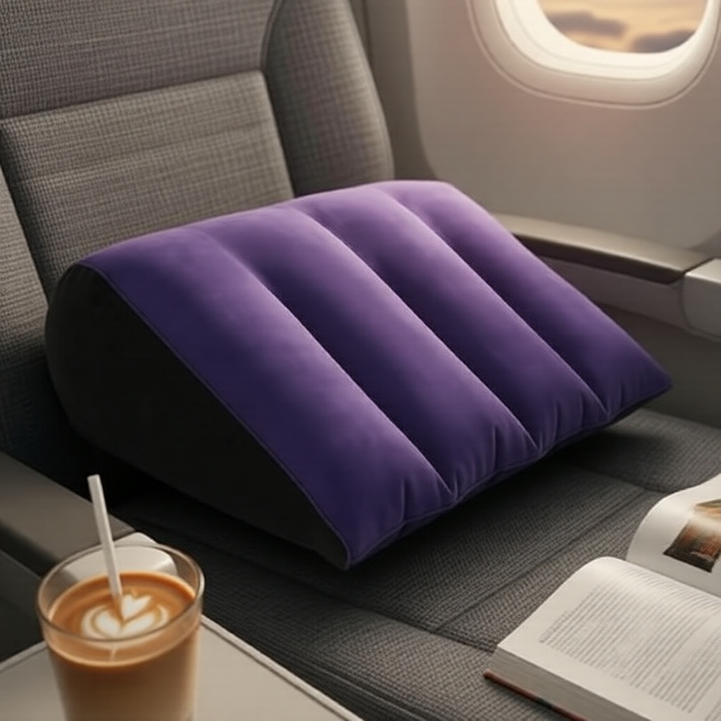 Almofada de viagem triangular insuflável, com superfície aveludada, dobrável e apoio ergonômico para pescoço e costas