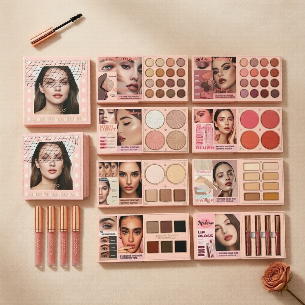 63 Tons & 6 Essenciais de Maquiagem 8-Página Paleta – Sombra, Contorno, Gloss Labial, Corretivo, Sobrancelha, Blush,