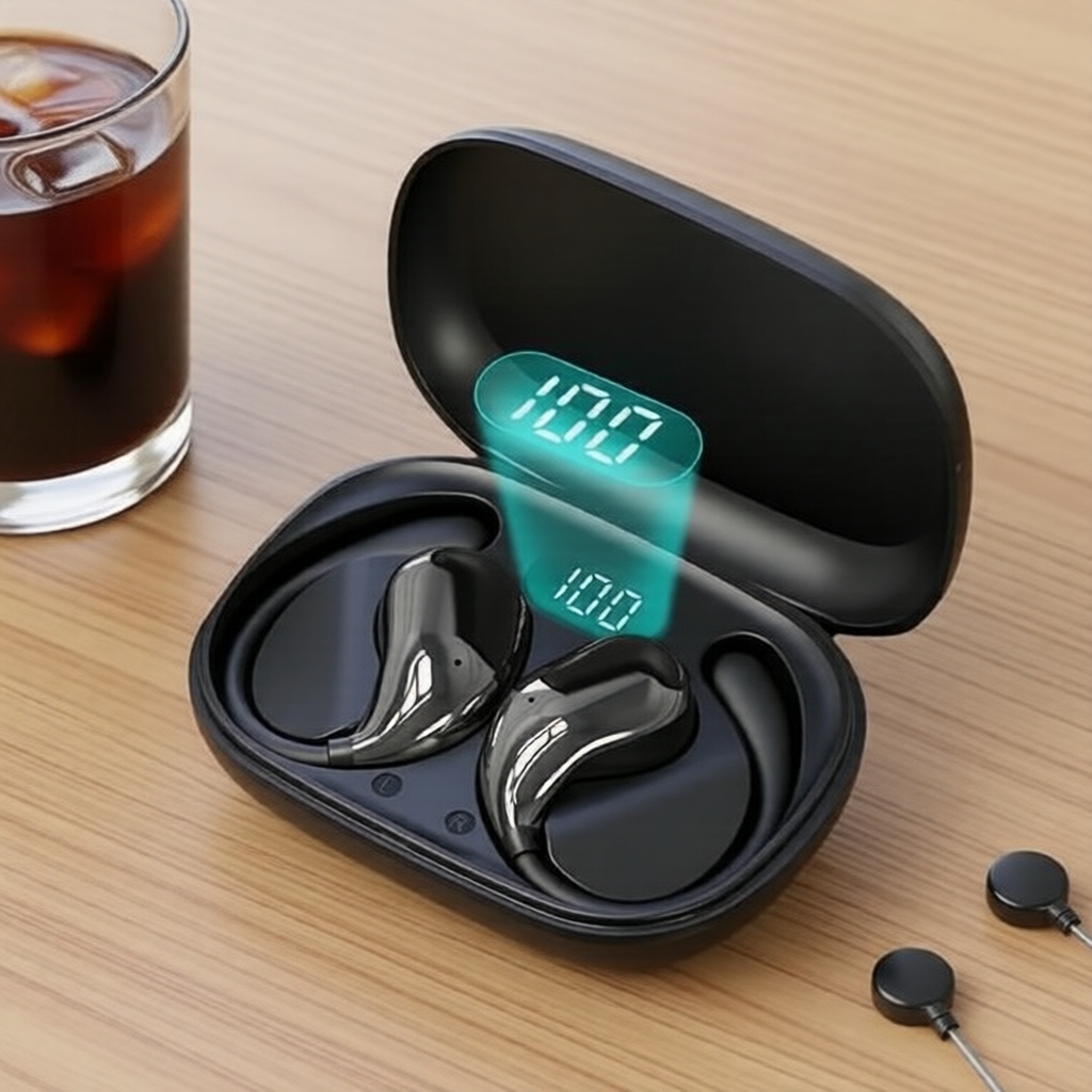 KEBIDUMEI Fones de Ouvido Open-Ear HiFi Estéreo, Bluetooth 5.4, Gancho de Orelha Sem Fio, Display LED, Controle por
