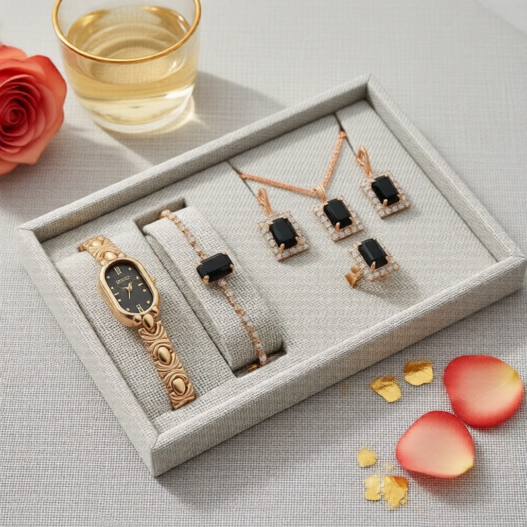 Relógio de Quartzo Preto Vintage 6 Peças XSVO + Joia com Pedra Quadrada Preta, Elegância Feminina Diária (Sem Caixa)