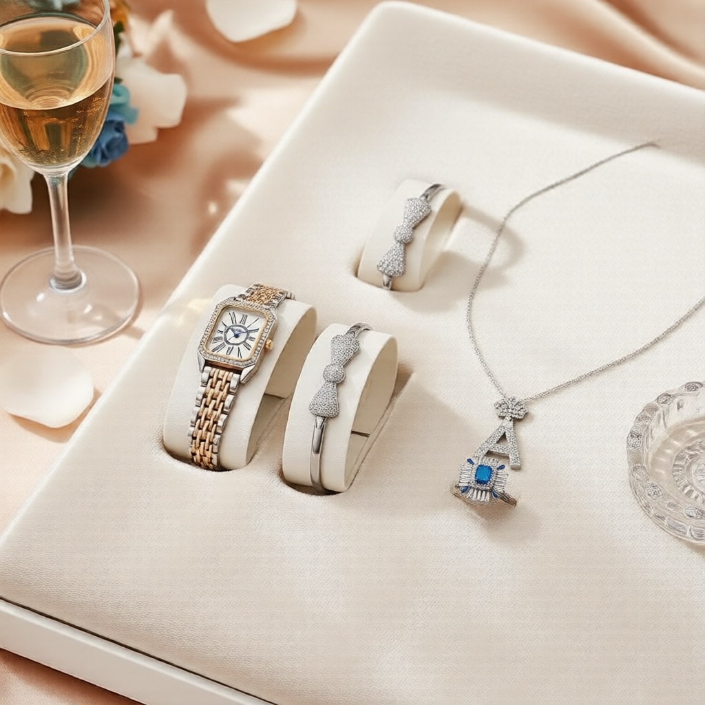 Conjunto de Relógio de Quartzo Feminino Jusmi Dial Quadrado Branco Romano 4 em 1, Joia de Laço e Letra A, Estilo