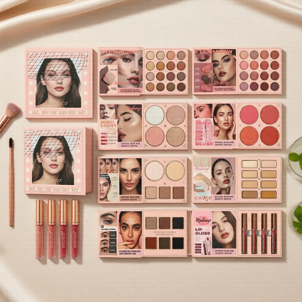 Paleta de Maquiagem Completa de 8 Páginas – 69 Cores para Olhos, Contorno, Brilho Labial, Corretivo, Sobrancelhas, Blush