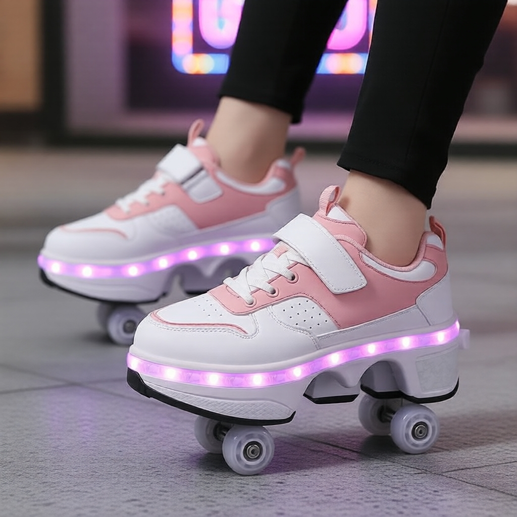 Tênis de Rodinhas 2 em 1 Destacáveis para Jovens, Patins de Rua Heelys, Recarregável USB, Tênis de Couro com Luzes LED
