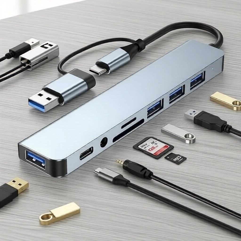 Dock USB-C 8 em 1 para MacBook com áudio 3,5 mm, carregamento PD 100 W, leitor de cartões TF/SD