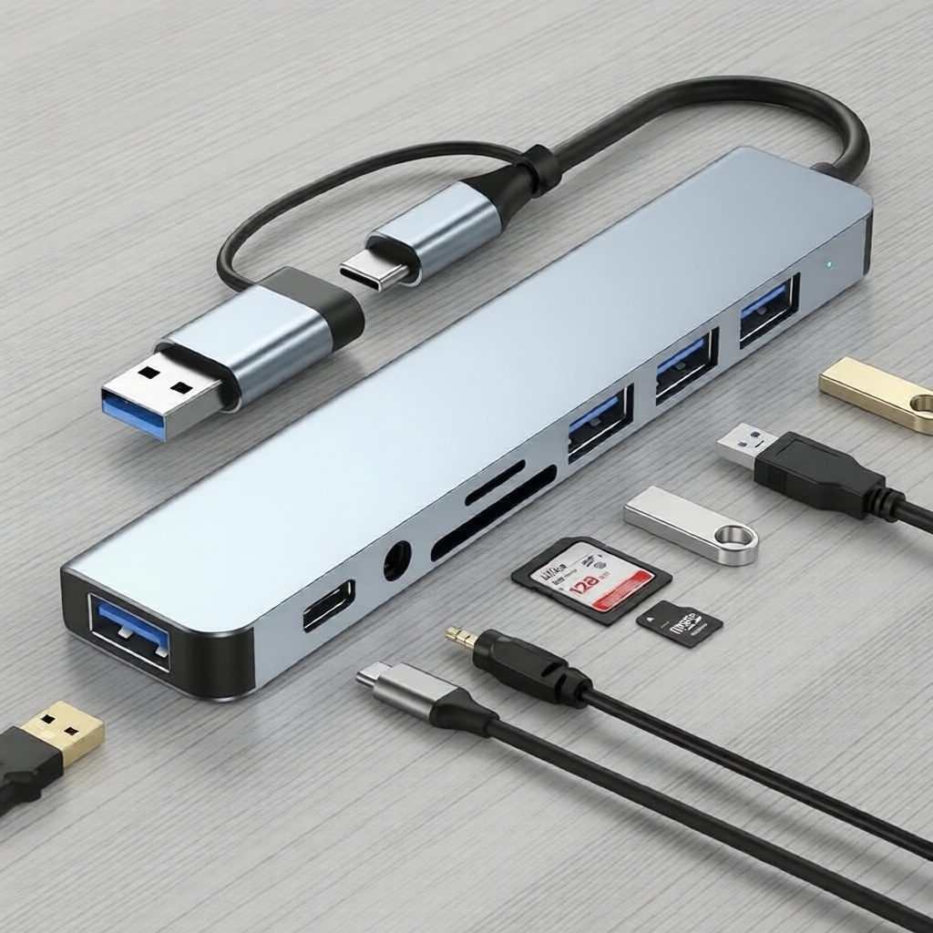 Estação de acoplamento 8 em 1 para MacBook e outros notebooks: Hub USB-C com leitor de cartão TF/SD, saída de áudio 3,5
