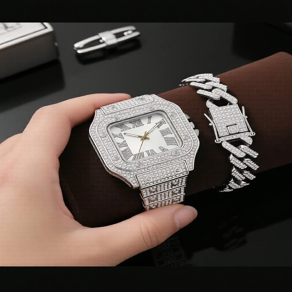 Relógio e pulseira de hip-hop de luxo para homens 2 peças, relógio com mostrador quadrado e conjunto de diamantes,