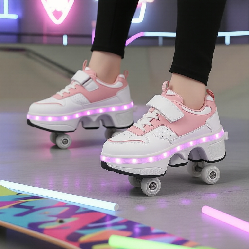 Tênis de Rodas Destacáveis Heelys Juvenis, 2 em 1, Recarregável por USB, Luz LED de 7 Cores, Tênis de Couro Estilo