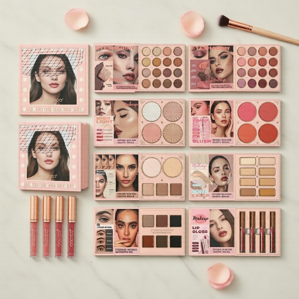 Paleta de Maquiagem 8 em 1 – 63 Tons Versáteis para Olhos, Contorno, Brilho Labial, Corretivo, Sobrancelhas, Bochechas e