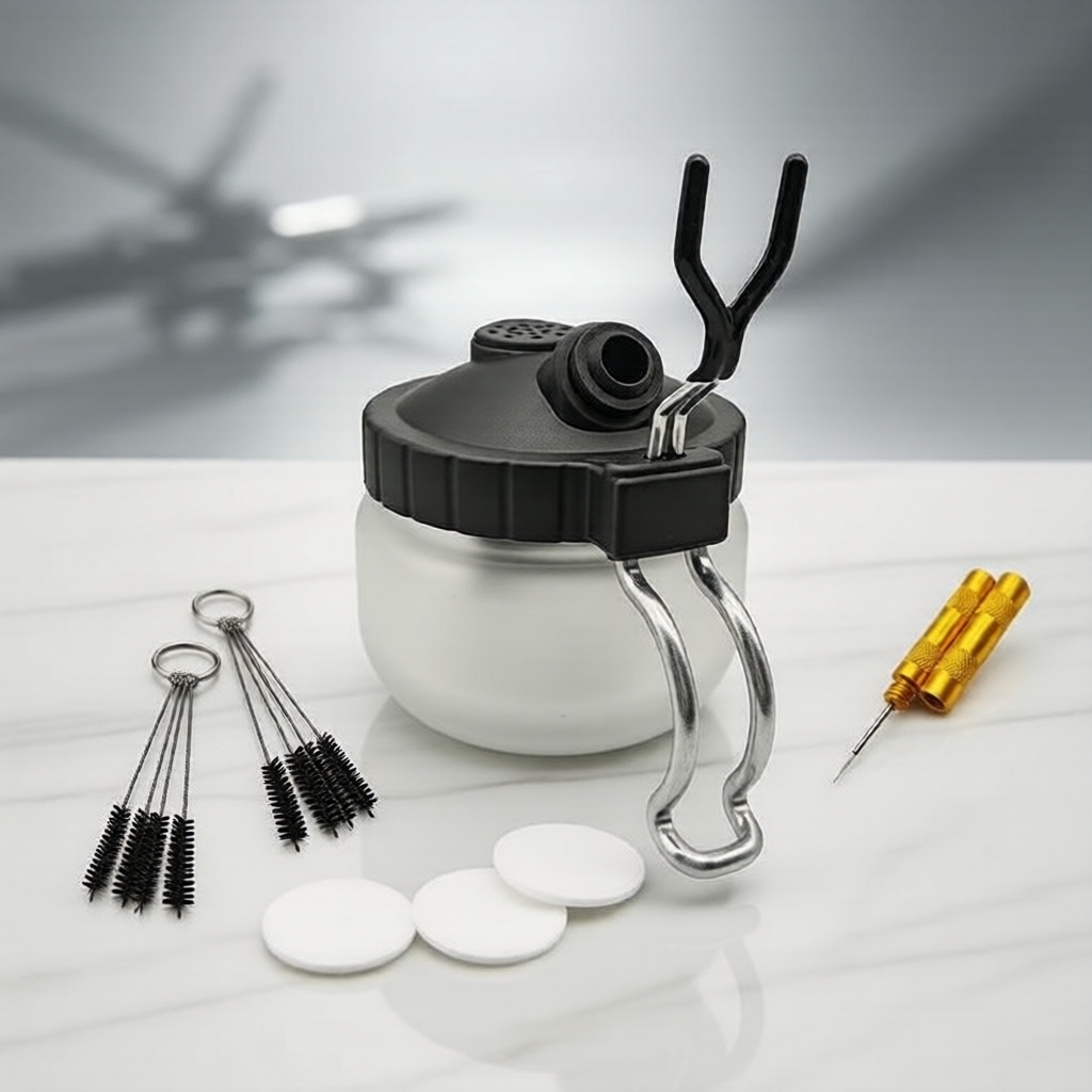 Conjunto Completo de Limpador de Aerógrafo - 13 peças: Pote de Vidro, Suporte, 5 Agulhas de Aço, 5 Pincéis de Nylon, 3