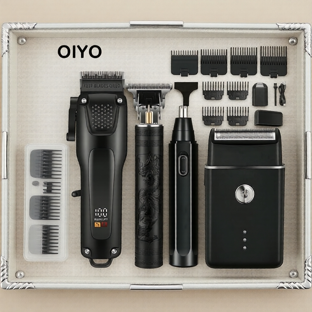 Kit Completo de Cuidados Masculinos 4 em 1 Recarregável: Aparador de Cabelo, Depilador Nasal, Barbeador Foil, Pronto