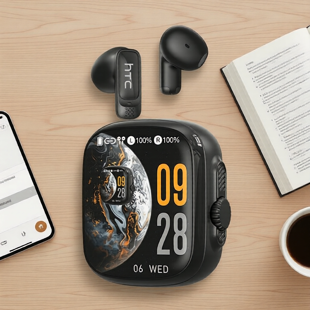 Fones de Ouvido Wireless HTC NE72 com Tradução de Voz por IA, Tela Touch, Bluetooth 6.0, Troca de Modo Duplo e 40h de