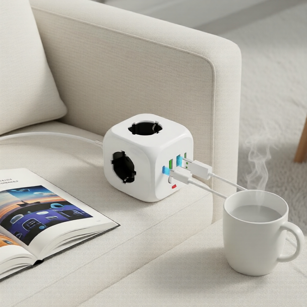 Expansor de Tomadas de Parede 7 em 1 AXUS, cabo de 2m, 3 tomadas AC, 2 USB, 2 Type-C, régua de energia com interruptor e