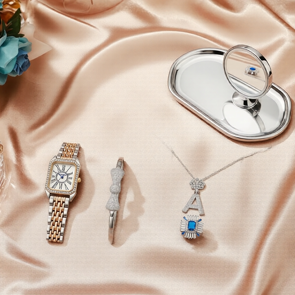 Conjunto de relógio de quartzo feminino Jusmi branco elegante com mostrador quadrado romano, inclui 4 peças: laço e joia