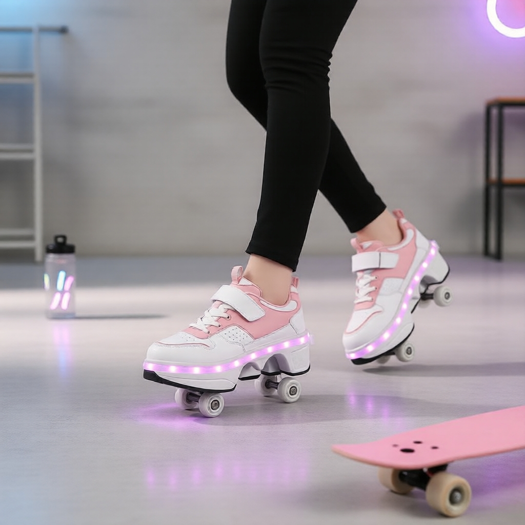 Tênis Heelys Juvenil Iluminado com LED de 7 Cores Recarregável via USB, 2 em 1 Removível, Patins de Quatro Rodas,