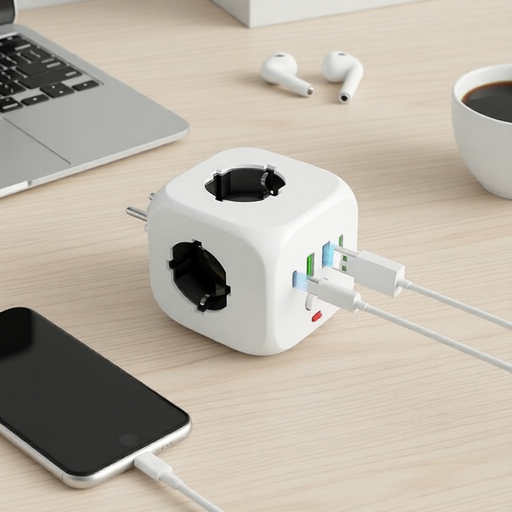 Tomada de Parede 7 em 1 AXUS com Cabo de 2m, 3 Tomadas AC, 2 USB, 2 Type-C, Régua de Energia com Plugue EU e Interruptor