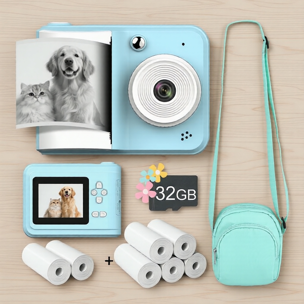 Câmera Instantânea Infantil com Impressão Instantânea 1080p HD, Vídeo e Cartão de Memória 32GB – Presente de Natal e