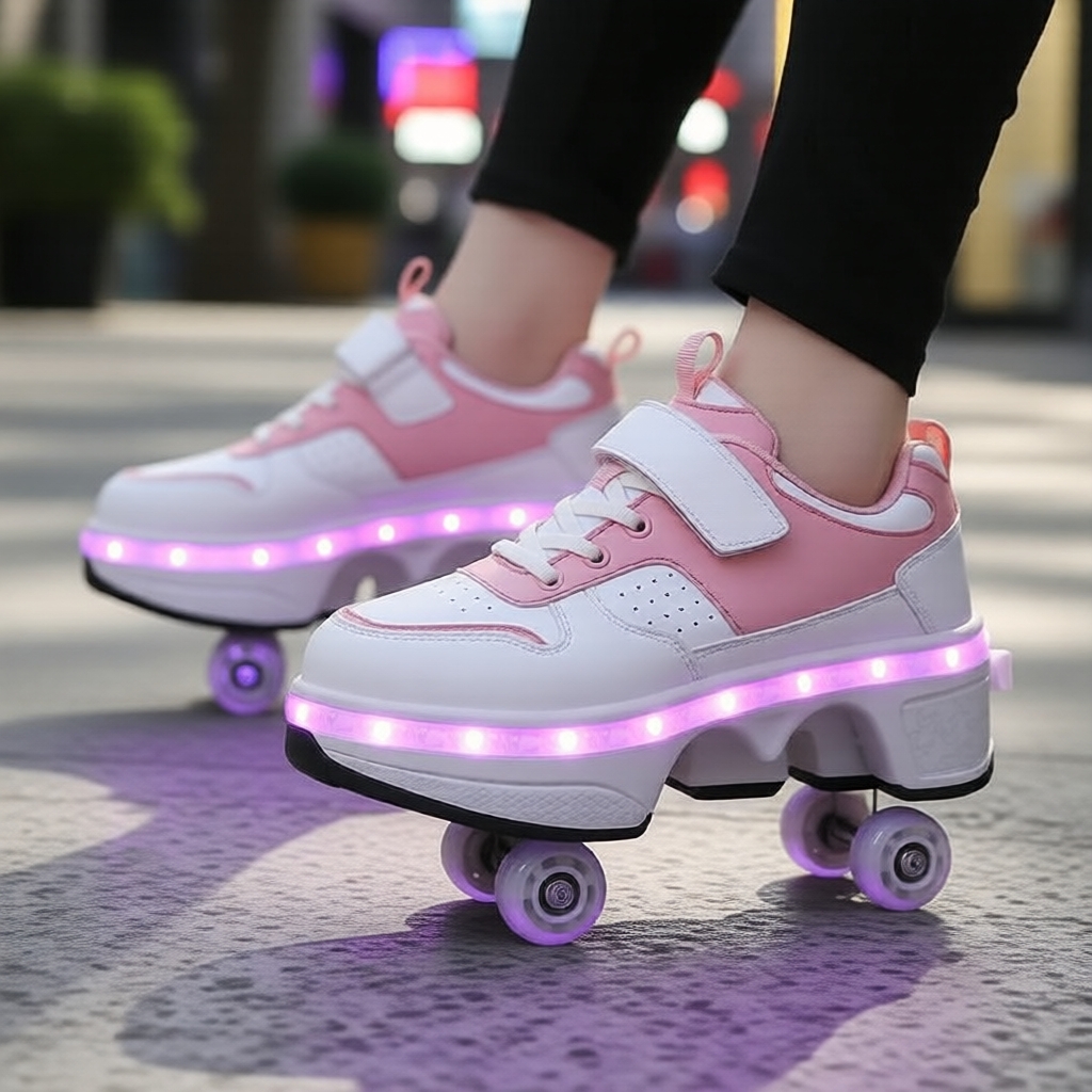 Tênis 2 em 1 Heelys para adolescentes com luz LED de 7 cores recarregável por USB, destacável para patinação, em couro