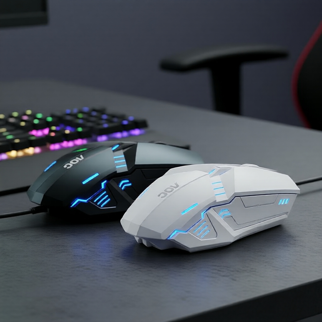 Mouse com Fio AOC MS120 para Gamers – Pegada Ergonômica, Ajuste de 1200-2000 DPI, Iluminação RGB Respirante