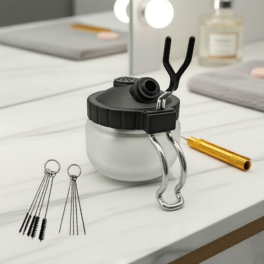 Kit de Limpeza para Aerógrafo com 13 Peças: Pote de Vidro, Suporte, 5 Agulhas de Aço, 5 Pincéis de Nylon e 3 Filtros
