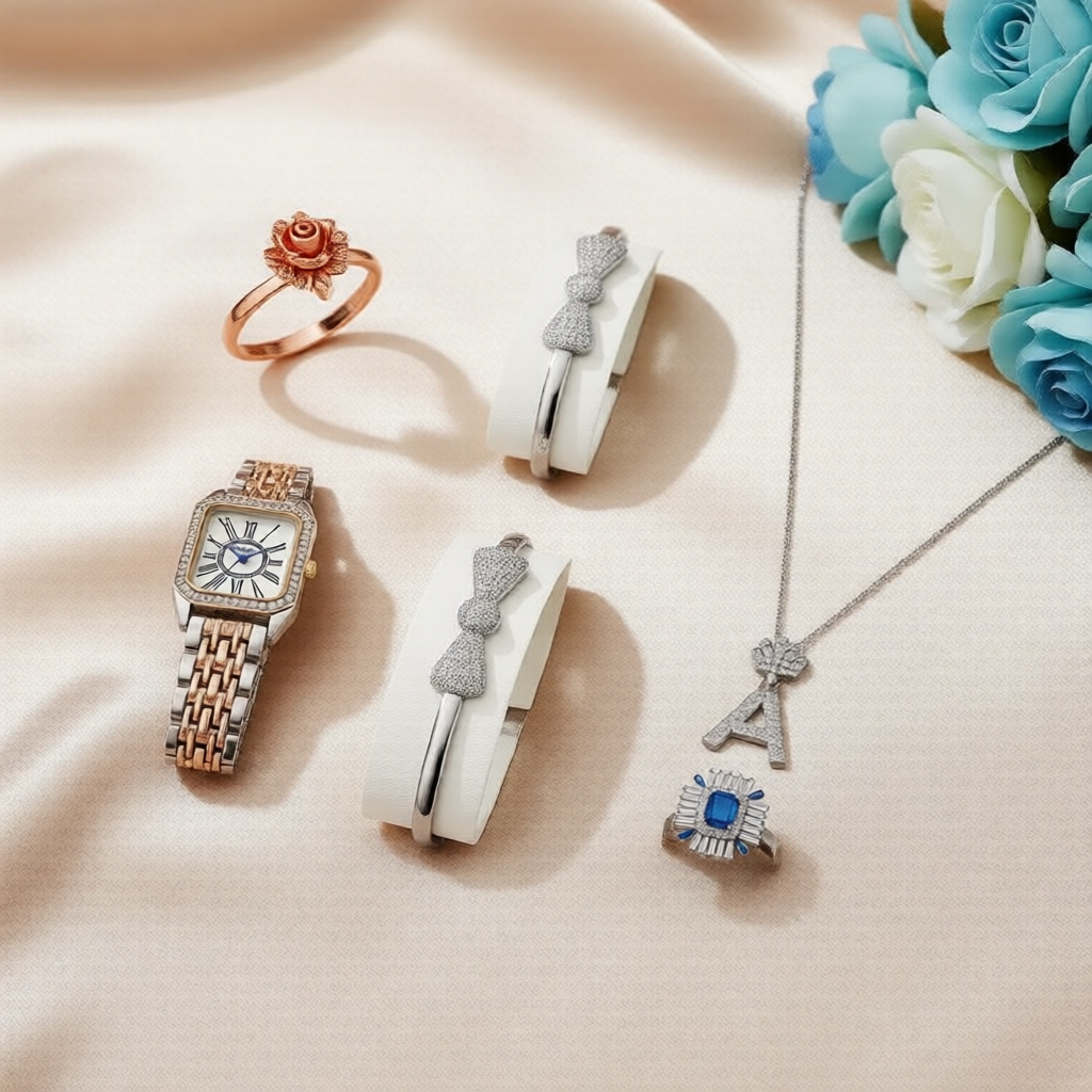 Conjunto de Presente Relógio Feminino Jusmi Branco com Mostrador Quadrado Romano, Quartzo, 4 Peças, Joia com Laço e
