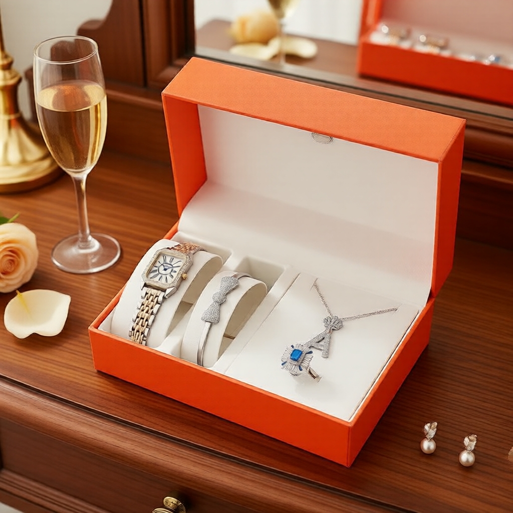 Conjunto de 4 relógios de quartzo femininos brancos Jusmi com mostrador quadrado romano, laço e joia com a letra A,