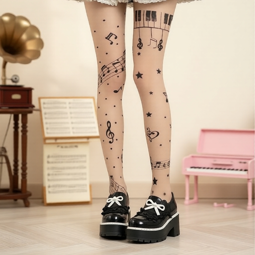 Meias-Calça Japonesas com Nota Musical para Cosplay Diário | Estilo Fofo Y2K, Estampa Musical Negra | 45-75kg