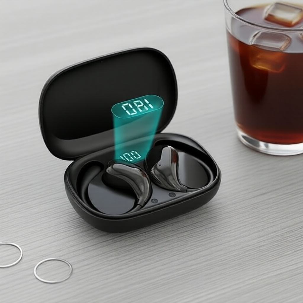 Fones de ouvido tipo gancho KEBIDUMEI com Bluetooth 5.4, HiFi estéreo, sem fio, display LED, controle por toque,