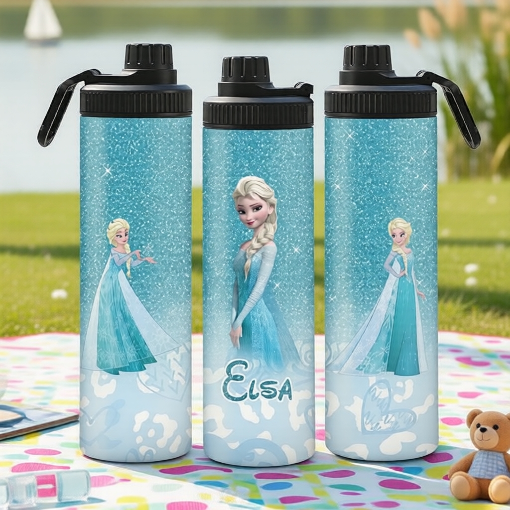Garrafa Esportiva Térmica Inox 20oz Frozen Elsa & Anna, Acabamento Gradiente – Presente Ideal para Fitness e Atividades