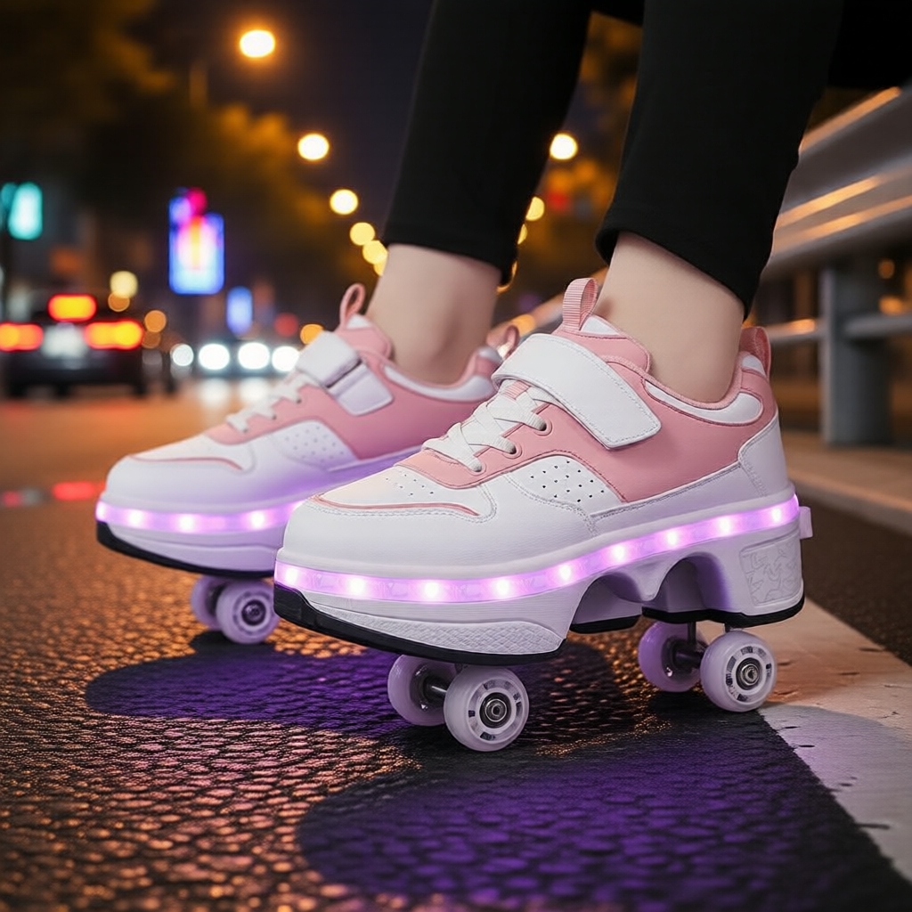 Tênis de Rua Jovem e Descolado para Patinar, Tênis com Rodas Removíveis 2 em 1, Tênis de Couro com Luzes LED