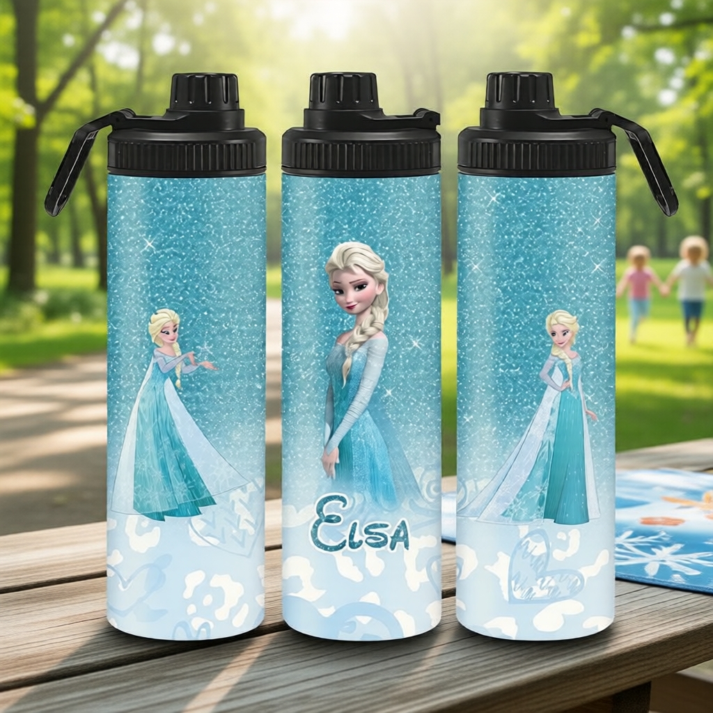 Garrafa Esportiva Térmica Elsa e Anna Frozen 20oz com Acabamento Gradiente - Excelente Presente para Fãs de Fitness