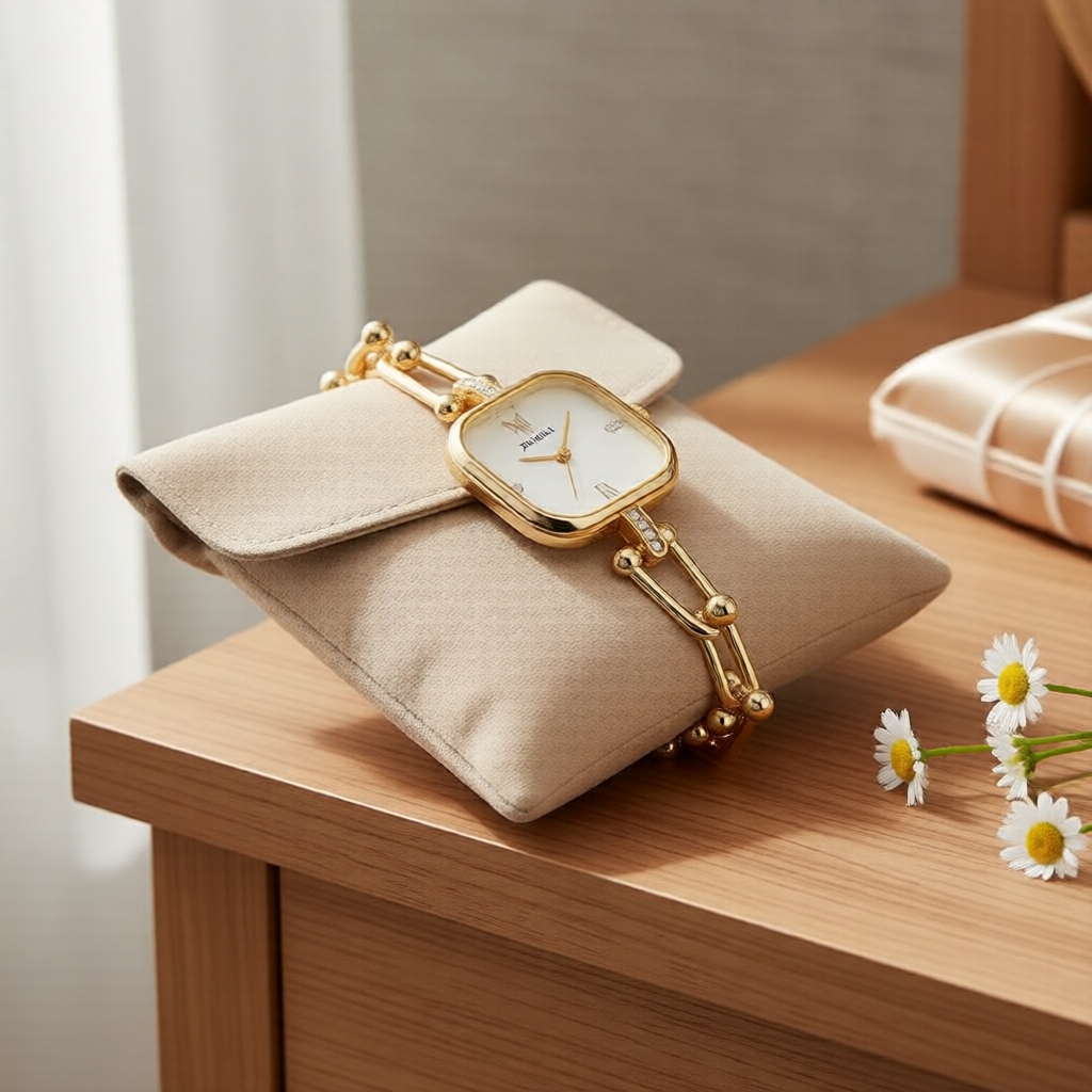 Relógio de Pulso Feminino Elegante Quadrado Quartzo com Pulseira de Bracelete, Relógio de Pulso Estiloso