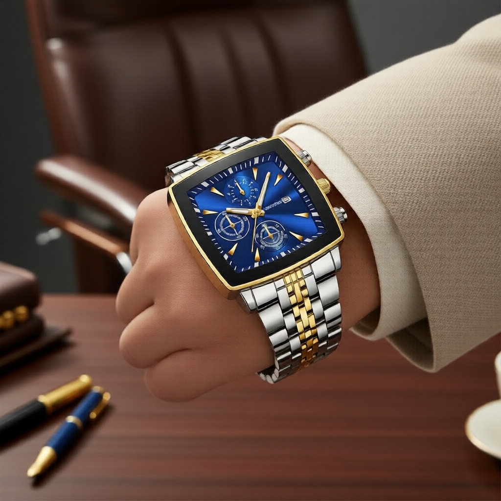 Relógio Masculino Moda Quadrado, Pulseira de Aço Inoxidável, Quartzo com Data, Estilo Empresarial, Sem Caixa