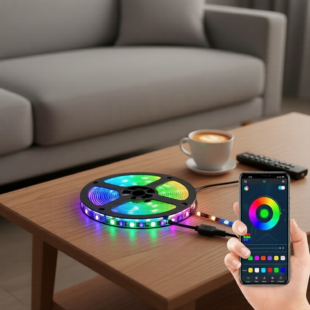 Fita de LED RGB USB 5V, controle via app Bluetooth, flexível para decoração de TV e ambientes