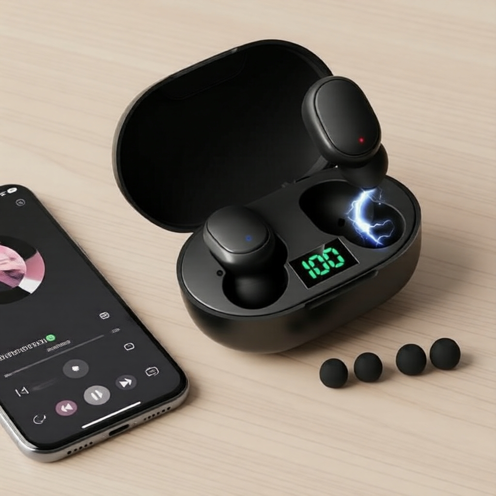 E6S Fones de Ouvido Bluetooth 5.3 TWS, Visor LED de Bateria, Estéreo 9D, À Prova D'Água, Microfone com Cancelamento de