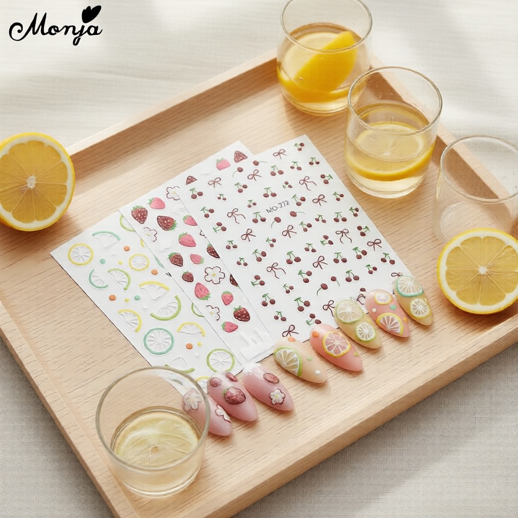 Adesivos 3D Monja de Frutas de Verão para Unhas, Morango, Limão e Cereja em Relevo, Decalques Autoadesivos para