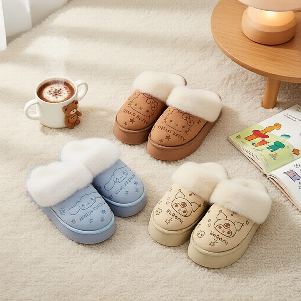 MINISO Pantufas de pelúcia femininas da família Sanrio – Hello Kitty Cinnamoroll – aconchegantes, com sola grossa (24x11