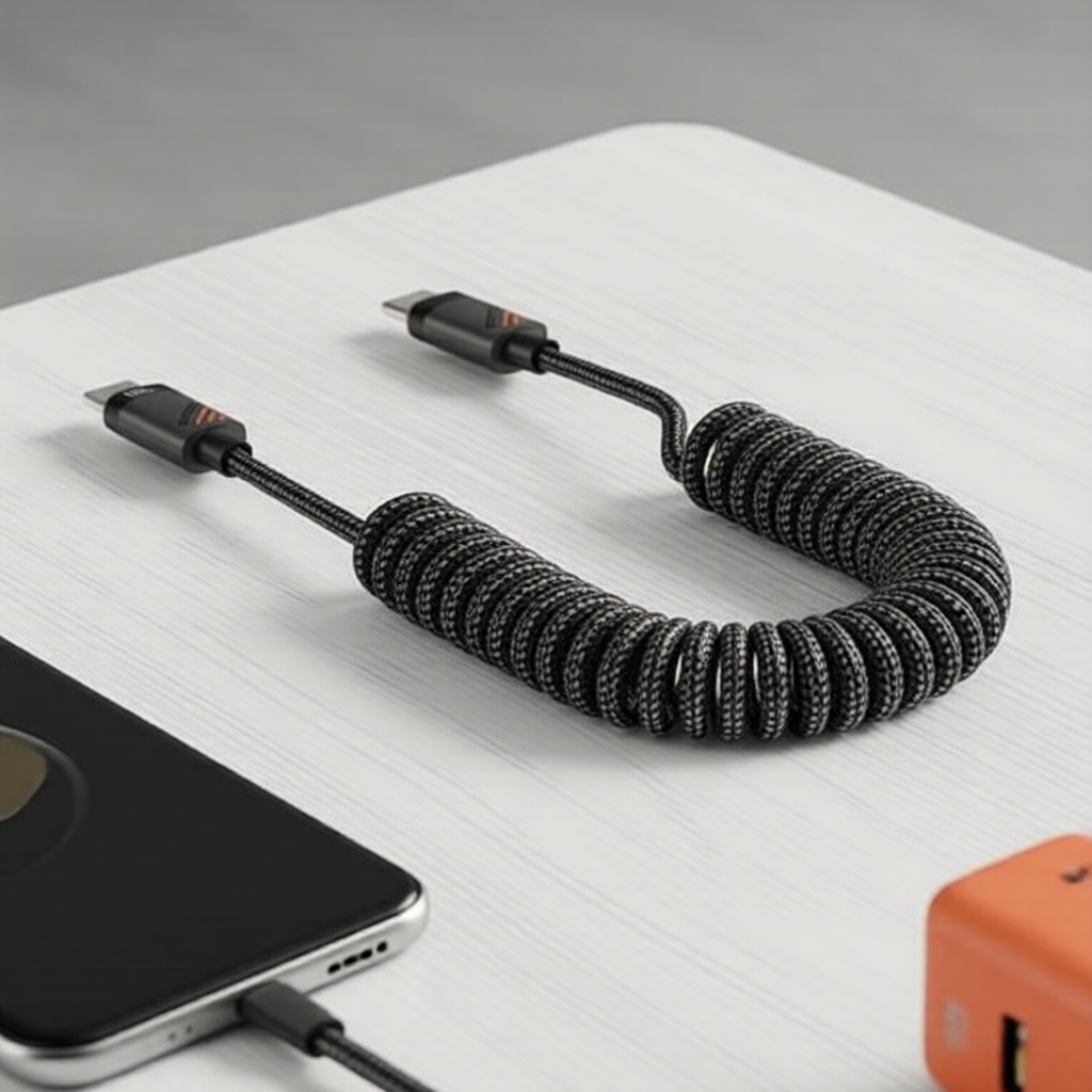 Cabo automotivo Essager 100W PD, cabo Tipo‐C para Tipo‐C com mola, carregamento rápido para iPhone