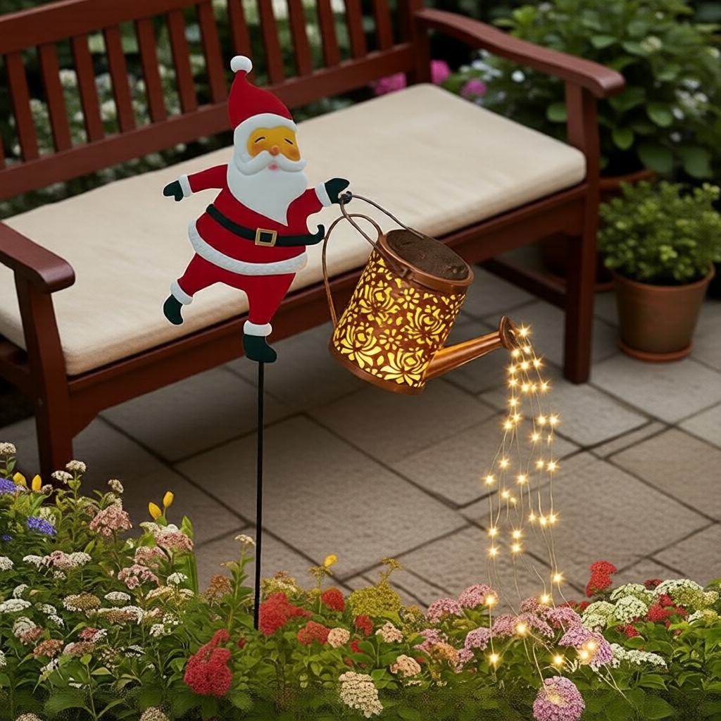 Regador de Papai Noel com Luzes de Fada LED Quentes, Efeito Cascata Para Decoração Externa de Pátio e Jardim