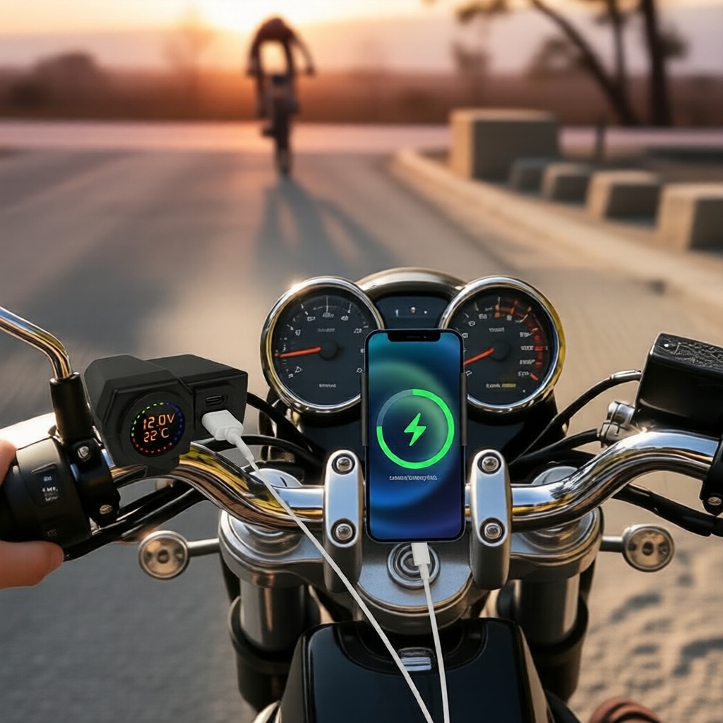 KEVANLY 1 unidade carregador USB+Type-C 12V para motocicleta, voltímetro redondo, suporte de guidão/espelho
