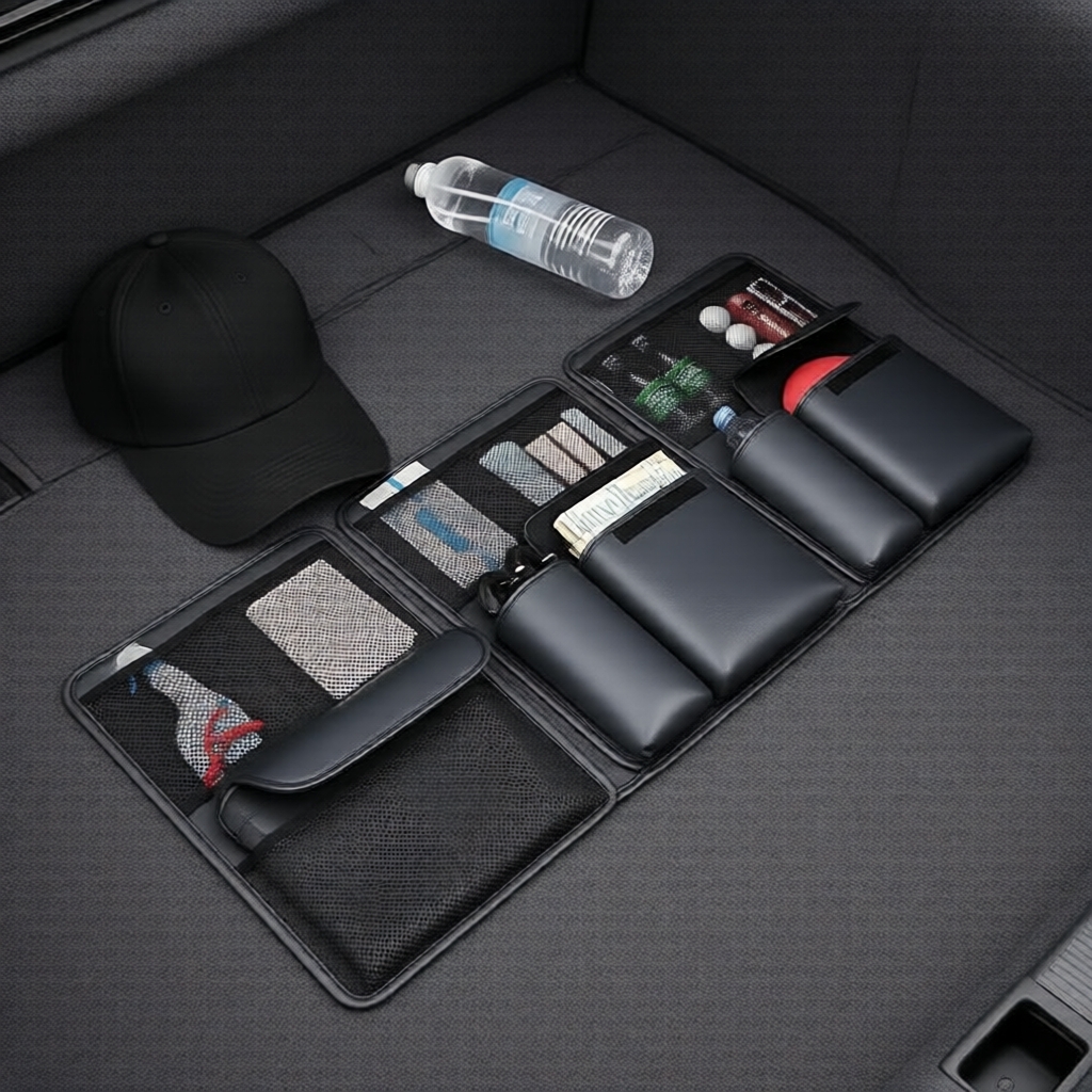 Organizador Dobrável para Porta-Malas de Carro, Bolsa de Armazenamento com Múltiplos Compartimentos e Bolsos de Rede na