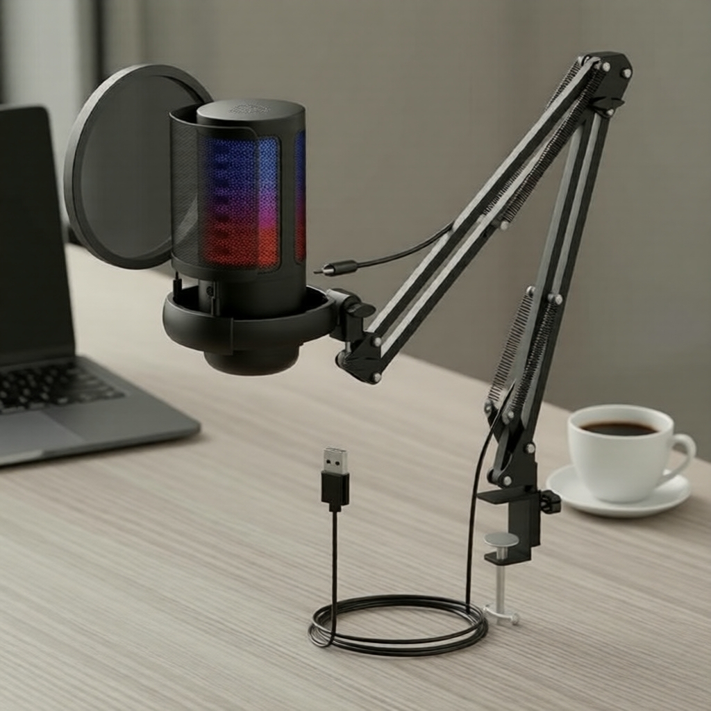BOMGE ME6s Microfone de Jogos Condensador USB com RGB, Cancelamento de Ruído para PC, Streaming, Podcast, Som de Alta