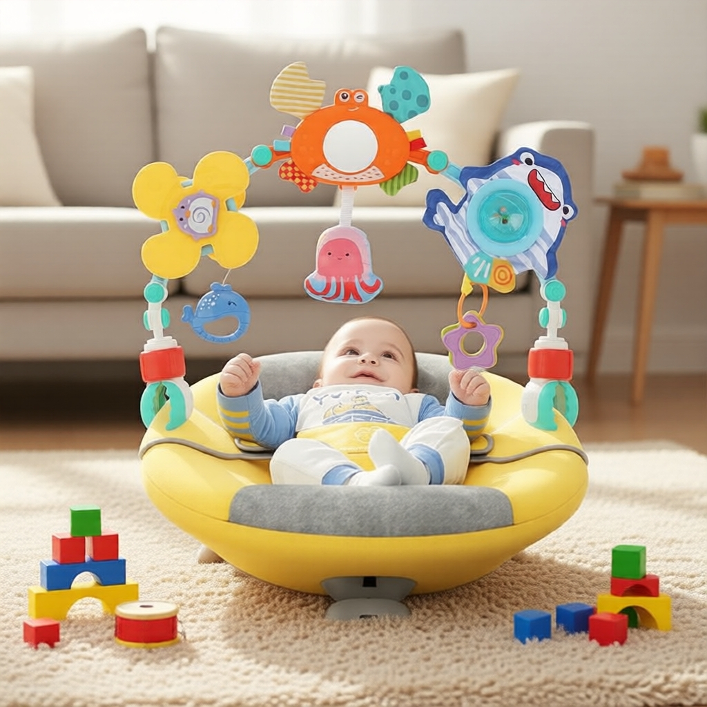 Brinquedo de Arco de Atividades para Carrinho de Bebê com Chocalho e Mordedor - Presente Sensorial de Aprendizagem