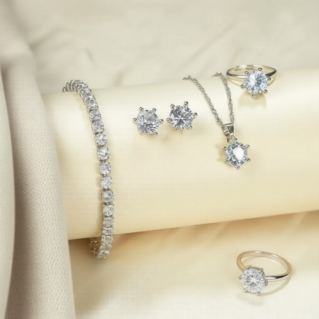 Conjunto de joias de pérola prateada de 4 peças para mulheres: colar elegante, brincos, pulseira e anel