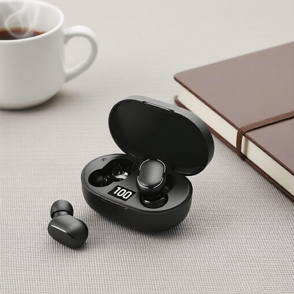 Fones de Ouvido E6S Sem Fio Preto, Cancelamento de Ruído Ativo, Fones Estéreo Bluetooth com Microfone e Display de