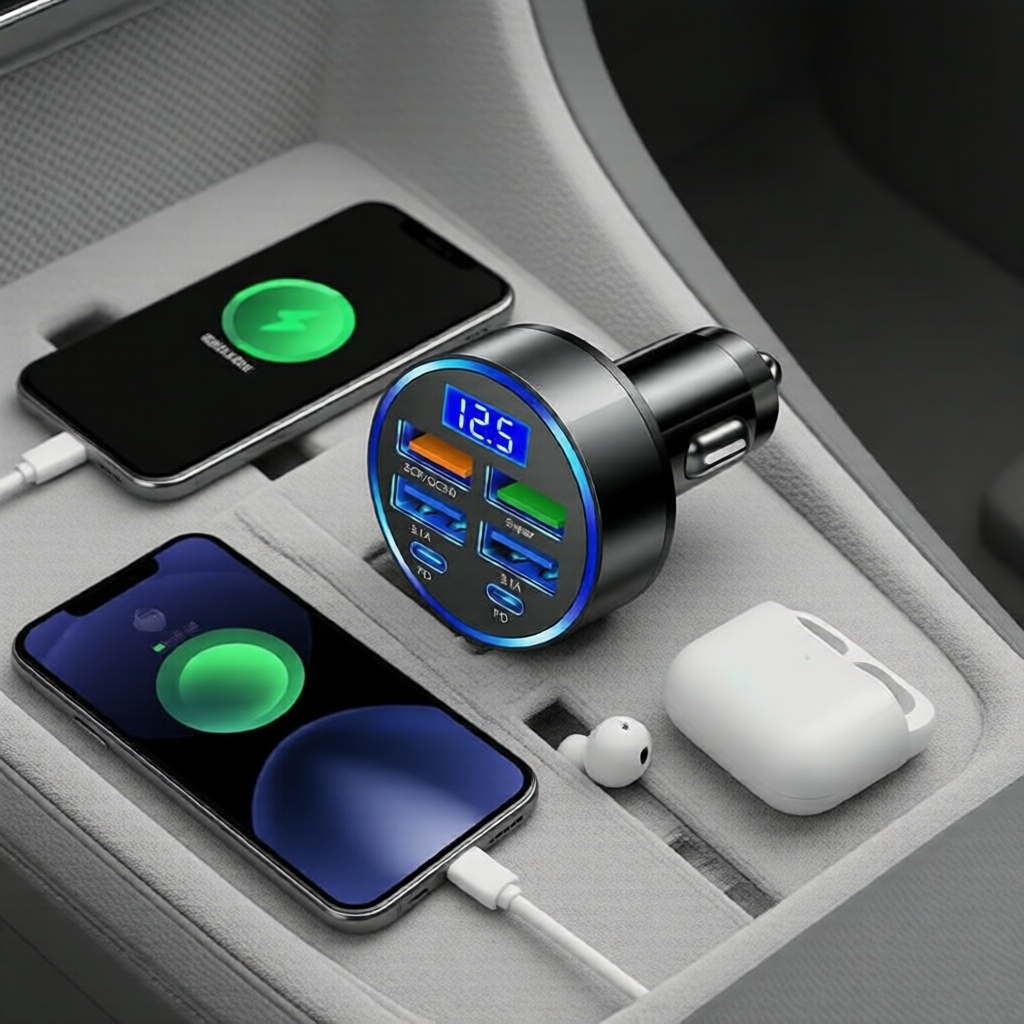 Adaptador Carregador USB 4 Portas para Carro 35W PD QC3.0 Plug de Carregamento Rápido Tipo-C