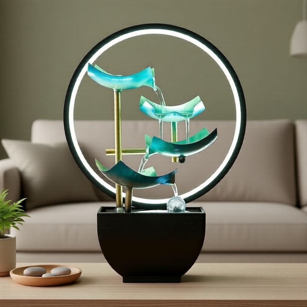 Imagem Luminária de mesa em formato de anel com inspiração zen, apresentando uma fonte de queda de folha de lótus verde em